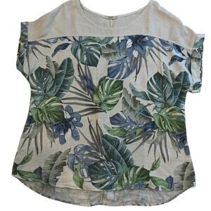 Italian Tan Linen Palm Leaves Tropical Cap Sleeve Top Women's 1X - Lungo L'Arno
